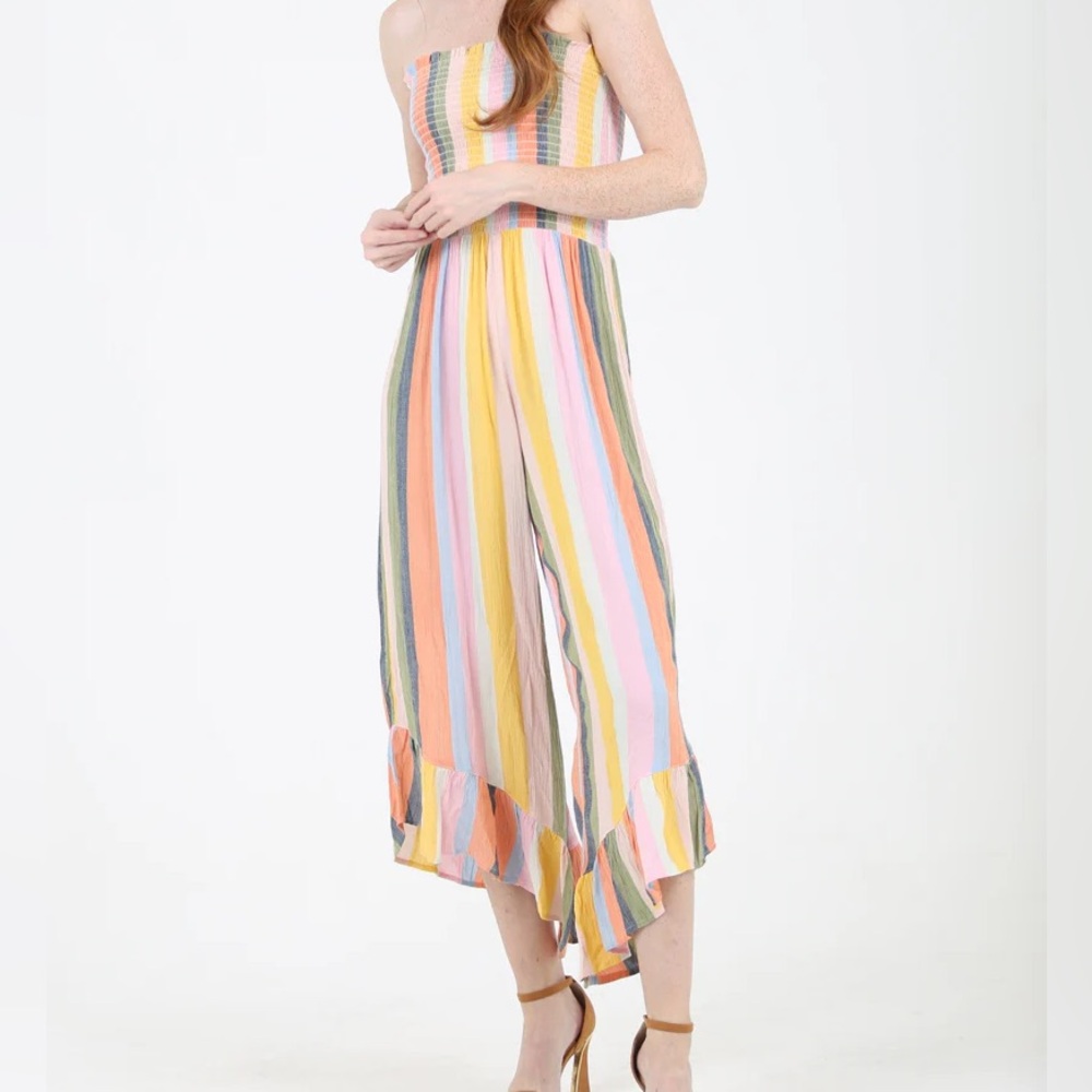Altar’d State Striped Strapless Multicolor Wide-Leg Jumpsuit